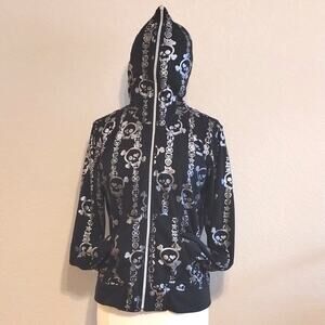 Raw Blue Y2K Silver Skulls Hooded Zippered FACE Pocketed Sweatshirt Hoodie XL